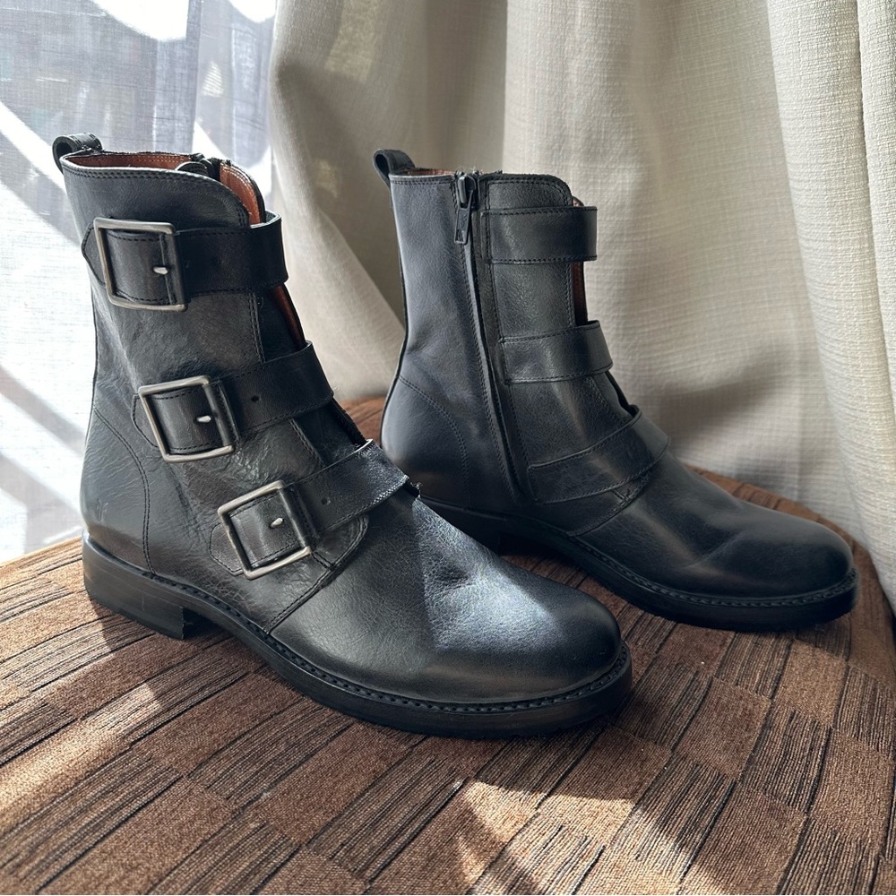 Frye Triple Buckle Black Boots Combat Moto 8